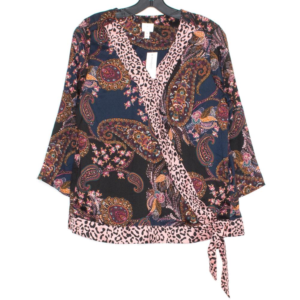 NWT Paisley Boho Faux Wrap Top Flowy 3/4 Sleeve Cottagecore Leopard Dressbarn M
